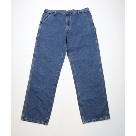 Vintage Carhartt Mens 40x30 Faded Spell Out Wide Leg Dungaree Denim Jeans Blue